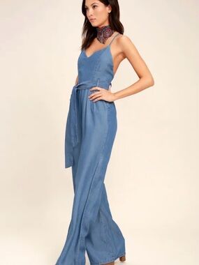 Lulu's Chambray Blue Wide-Leg Jumpsuit